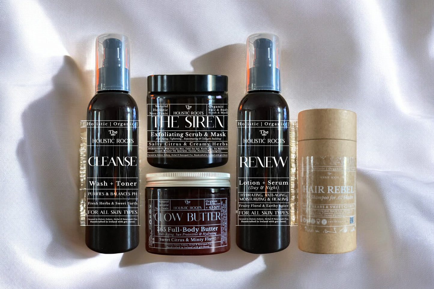 CLEANSE + RENEW + SIREN + GLOW BUTTER + HAIR REBEL (Wash & Lotion + Serum & Scrub/Mask & Body Butter & Dry Shampoo)